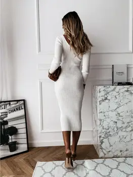 Toamna iarna femei rochie sexy v-neck rochie lungă, cu mâneci lungi solid alb-negru kaki 3 culoare kobieta sukienka bodycon