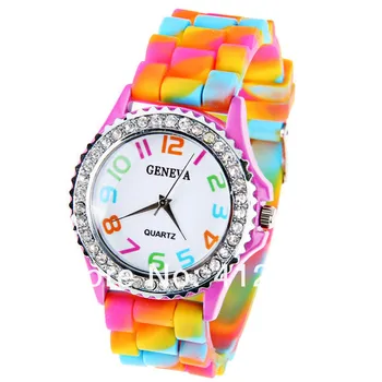 Femei Încheietura Ceas Geneva Curcubeu de Cristal Stras Ceas Silicon Jelly Link-ul de Trupa Nou cadou pentru fete Casual, ceasuri de mana