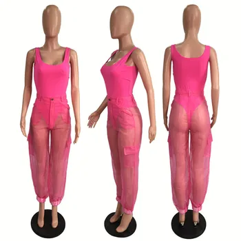 Sexy Două Piese Set Body Sus și Plasă de Pantaloni Roz Neon Verde de Vara 2 Piese de Club Haine de Potrivire Seturi