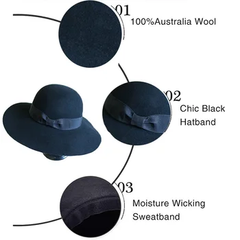 Clasic Lână, Pălării De Iarnă Pălărie Neagră Cu Boruri Largi Pălărie Bowkont Margine Largă Floppy Hat Simțit Epocă Bowler Rochie Pălărie Derby Biserica Pălării