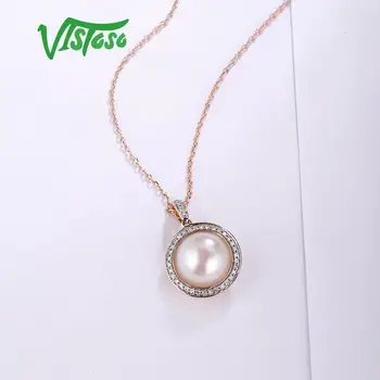 VISTOSO Pandantiv din Aur Pentru Femei Pur 14K 585 Aur roz Diamant Spumant Elegant Apă dulce Pearl Pandantiv Pentru Doamna Bijuterii Fine