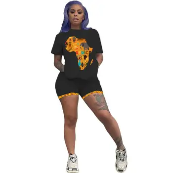 Femei imprimate două piese Africane harta tur-gât cu mânecă scurtă T-shirt și pantaloni scurți set -- noua moda de vara trening 2020