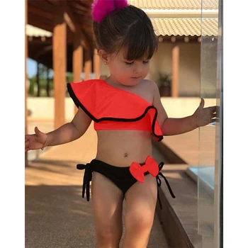 Copii Fete Culoare De Bomboane Unul-Umăr Ciufulit Costume De Baie Costume De Baie Costum De Baie Pentru Vara Drăguț Arc Două Piese Bikini Set Beachwear