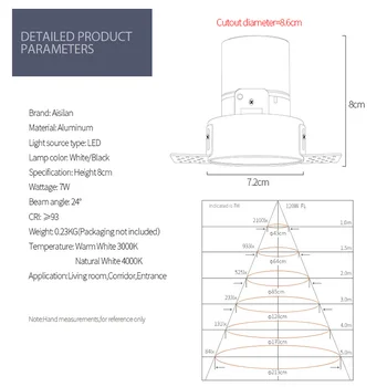 Aisilan LED încastrat tip downlight fara rama 30° reglabil anti-orbire detasabila coridor dormitor alb negru construit în lumina fața locului