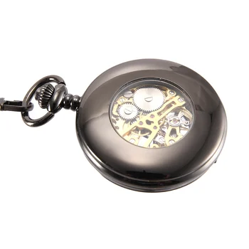 Vintage Ceas de Buzunar Rece Lanț Gol Mecanic Cadran Negru Ceasuri Capac Transparent LXH