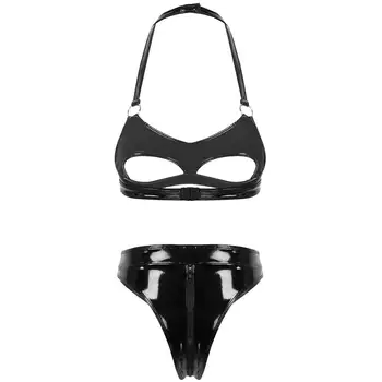 Latex Femei Bikini Set De Lenjerie De Căpăstru Deschide Bra+Cut Mare Cu Fermoar Prada Chilotei Exotice Stripteuză Dans Aspect Umed Din Piele Lenjerie De Corp