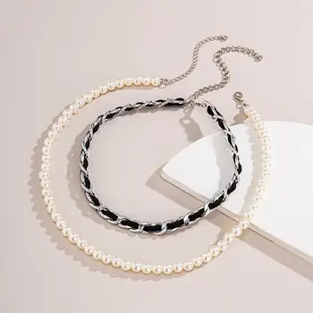 Moda Cravată Coliere pentru Femei 2 Straturi Coliere de Perle de Aur de Metal Lanț de Șarpe Colier Design Nou Cadou de Crăciun collares