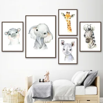 Elefant, Cerb, Zebra, Rinocer Maimuta Leu Pepinieră Arta de Perete Panza Pictura Desene animate Afiș și Grafică de Perete Imaginea de Fată Băiat Copil