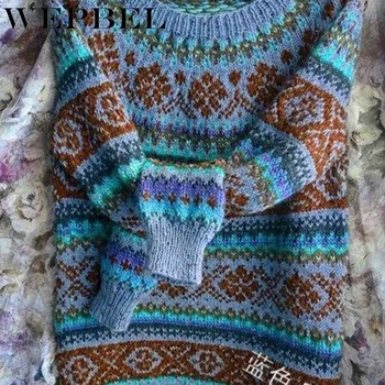 WEPBEL Femei Toamna Iarna Vintage Largi Tricotate Pulover Casual cu Maneca Lunga O Mozaic Gât Pulover de Sus