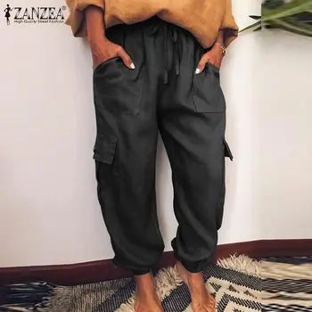 2021 ZANZEA Femei Solide Salopete din Dantela-Up Casual Vrac Cargo Pantaloni Largi Picior Elastic Talie Pantaloni Vintage Buzunare Supradimensionate 5XL