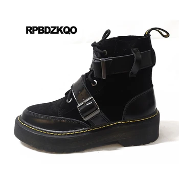 Metal Piele Naturala Harajuku Pantofi De Brand Femei Cizme De Iarna Brioșă Dantelă Sus Militare De Luptă Plat Glezna Platforma De Sex Feminin Negru