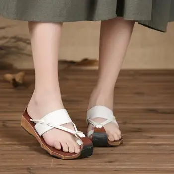 Johnature Piele Naturala Lucrate Manual Retro Flip Flops De Vară Cusut Plat Cu Papuci De Slide-Uri În Afara Sandale Casual Pantofi Pentru Femei