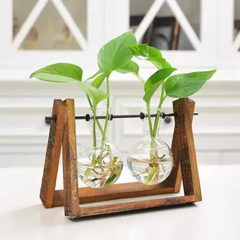 Creative Planta Sticlă Hidroponice Recipient Terariu Birou Decor cu Lemn Suport Ghiveci Decor Acasă