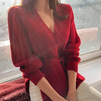 WICCON Noi 2020 Toamna Iarna Pulovere pentru Femei V-Gât Lace Up Minimalist la Modă Stil coreean Elegant Solid