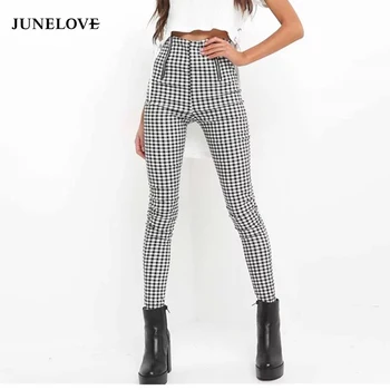 JuneLove Femei Carouri Fermoare Creion Pantaloni Checkboard Streetwear Skinny Femei Pantaloni Lungi Cu Talie Înaltă Doamnă Pantaloni Casual Fund