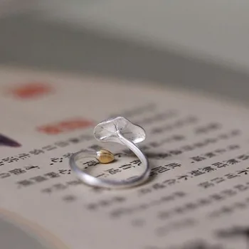 Noi argint 925 perla frunze de lotus original literare retro nișă design meșteșugari și femei cupluri de deschidere inel reglabil