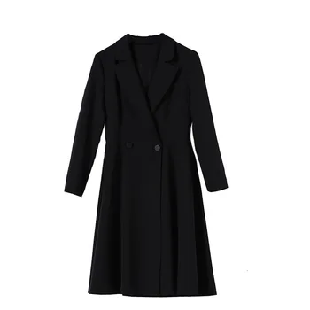 Maneca Lunga Blazer Elegant Costum Sacou Strat Subțire Rochii 2020 Toamna Iarna Femei Femei Genunchi Lungime Birou Doamnă Negru