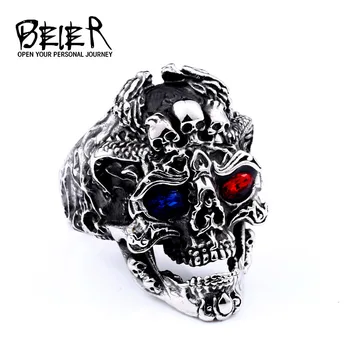 BEIER punk se răcească trei craniu Cu Blue/red eye Inel din Oțel Inoxidabil Punk de moda pentru bărbați bijuterii petrecere de Halloween BR8-647