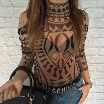 2020 Nou Sexy Femei Tatuaj Tribal Print Elastic Bodysuit A Se Vedea-Prin Intermediul Ochiurilor De Plasă Pur Maneca Lunga Top Lady Clubwear O Neck Bodycon