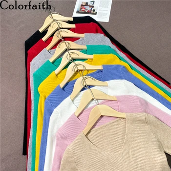 Colorfaith Ne ' w 2021 Iarnă Primăvară Pulovere pentru Femei Pulover V-Neck Minimalist Bottom Pink Tops mai Multe Culori SW1053