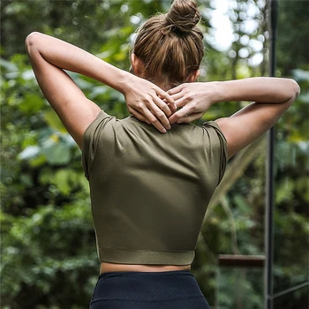 Oyoo Slim Fit Trunchiate Yoga Top V Gâtului Fără Mâneci Antrenament Culturilor Topuri Sport Shirt Femei Armata Verde Tricou Femme Sport Îmbrăcăminte