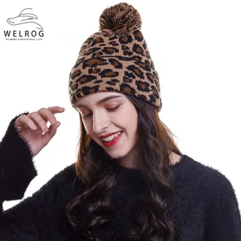 WELROG Dropshipping Leopard Imprimate Mingea Pălării Pentru Femei de Iarnă Tricotate Cald Capace Pompoms Blană Pălărie de Moda Doamnelor Căciuli