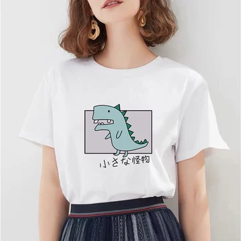 De Vara noi Femeile O-gat Maneci Scurte Elev Mic Monstru de Imprimare Uri de Moda din Bumbac Harajuku Kawaii Dinozaur Desene animate T-shirt