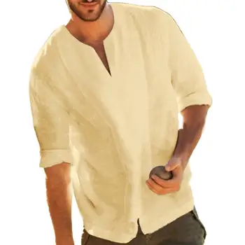 Casual t-shirt pentru Bărbați de Culoare Solidă Maneca Lunga T-shirt pentru Bărbați V-Neck Tăiere Tiv Lenjerie de pat din Bumbac tricou pulover Top mens Îmbrăcăminte
