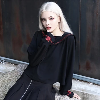 Femeie Tricouri Gotic Maneca Lunga de Sus a Crescut Broderie JK Uniformă Harajuku Tricou Vintage Fete Culoare Solidă Fusta și Top Set