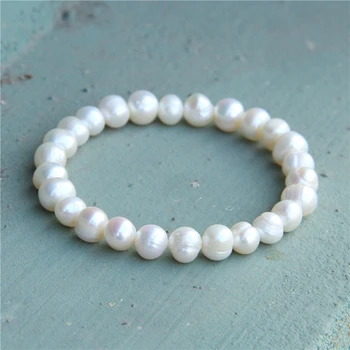 Simplu Rotund Alb Perle Margele Brățară Bărbați Femei Bijuterii de 6-9mm Naturale Reale Pearl Elastic Brățări de Perle de apă Dulce Cadouri