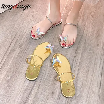 2020 pantofi de vara pentru femeie de moda diamant colorat fluture papuci femei flip flop casual pantofi de plaja de cristal de slide-uri de aur