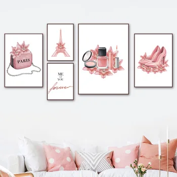 Floare roz machiaj Paris Sac de Moda Lady Nordic Postere Si Printuri de Arta de Perete Panza Pictura pe Perete Imagini Pentru Living Decorul Camerei