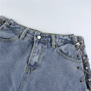 ANOTIMPURILE Side Split Lanț de Metal Denim pantaloni Scurți Femei Sexy Goale de Înaltă Talie Pantaloni scurți de Vară Blue Jeans Streetwear ASSH81111
