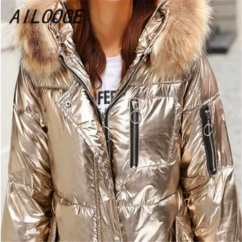 AILOOGE metalic la Modă aur, argint colorate luminoase jacheta cu gluga de blana Pentru femei de iarnă groase de bumbac moale lung parcuri