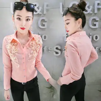 Dingaozlz Primăvară Nouă de dantelă broderie tricou Feminin Profesionist OL Topuri de Moda maneca Lunga bluza Alba Blusa