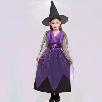 Klv Copii Costum Halloween Vrajitoare Cosplay Negru Violet Contrast Rochie de Culoare Pălărie Mascat Joc de Rol Haine pentru Copii