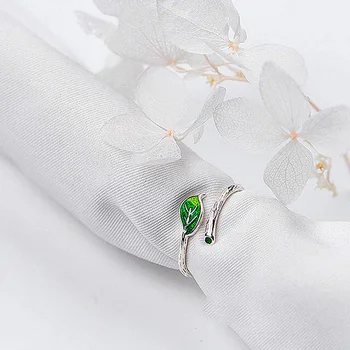 Real Argint 925 Smalț Verde Frunze Vintage Inel Reglabil Elegant De Bijuterii Fine Pentru Femei Accesorii Cadou