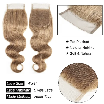 Bobbi Culoare Colectare 8 Ash Blonde Pachete cu Închidere 16-24 inch Indian Corpul Val Țese Păr Remy Human Hair Extension