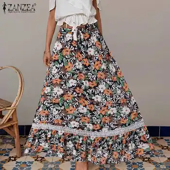 Elegant Dantela-Up Talie Elastic Sundress Tubulare Lungi Maxi Fusta ZANZEA Print Floral Halat Femei Casual Faldas Vestidos Plus Dimensiune