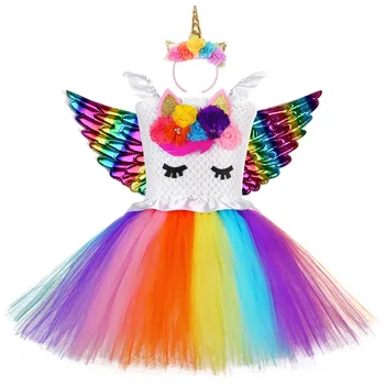 Copii Unicorn Rochie de Petrecere pentru Fete Pastelate Lol Fată Costum de Genunchi Lungime Floare Ponei Model Unicorn Dress Toddler cu Aripă de Înger