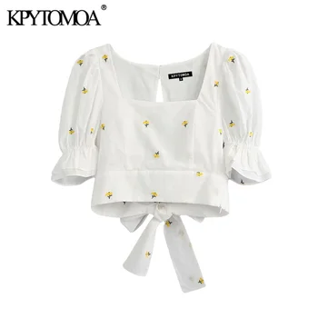 KPYTOMOA Femei 2020 Dulce Moda Broderii Florale Decupate Bluze Vintage Trage de Maneca Inapoi Papion Femei Tricouri Topuri Chic