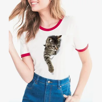 Harajuku Maneci Scurte 3D Cat de Imprimare Fata T-Shirt Femei Casual Gât Rotund Haine Ieftine Kawaii China Top Mode Femme Ey*