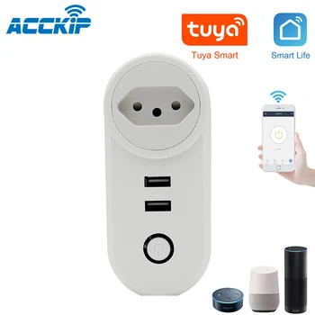 ACCKIP Brazilia WIFI Smart Plug Cu două Porturi USB de Sincronizare BR Socket Tuya APP Wireless Control Vocal Brazilia tomada brasil