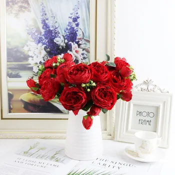 30cm Crescut de Mătase Roz Bujor Flori Artificiale Buchet 5 Cap Mare și 4 Bud Fals Ieftin Flori pentru Acasă Decorare Nunta de interior