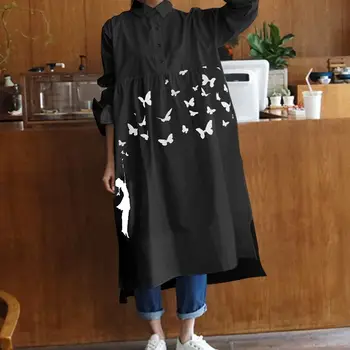 Celmia 2021 Toamna de Moda pentru Femei Rochie Midi Vintage Butterfly Print cu Maneci Lungi Rochii Asimetrice Vrac Vestidos Roba S-5XL