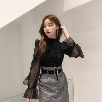 Neploe Coreean Velur Plasă De Mozaic Femei Bluza De Moda Flare Sleeve Elegante, Cămăși De Primăvară Volane Feminine Blusas 66844