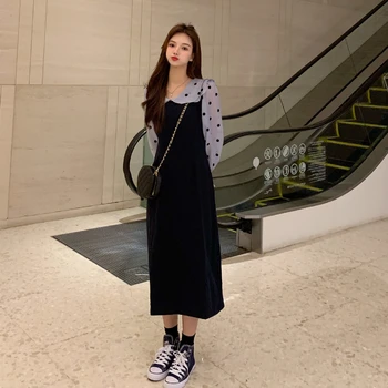 Punct de val Fals Două Piese Rochie Femei Nou Toamna anului 2020 de Coasere Maneca Lunga Talie Fusta a-line Fusta Stil coreean