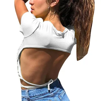Noi Femeile Sexy Spate Deschisă, tricou cu Maneca Lunga Trunchiate Topuri pentru Femei T-shirt Casual de Vara Topuri Alb Negru Portocaliu S M L