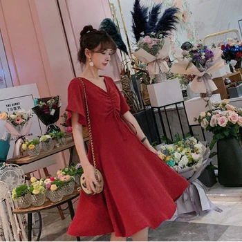 Femei Rochii Scurte de Semnalizare cu Maneci Plisate Solid Dantelă Sus Imperiu V-Gât adânc O-Linie de Mari Dimensiuni 4XL Genunchi-lungime coreeană Stil de Rochie la Modă