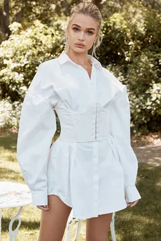 Casa Alb &Negru de Bumbac Underbust Corset Alb Cinched Talie Cămașă Rochie Mini Lady Dress Shirt+centura 2 Bucati Set